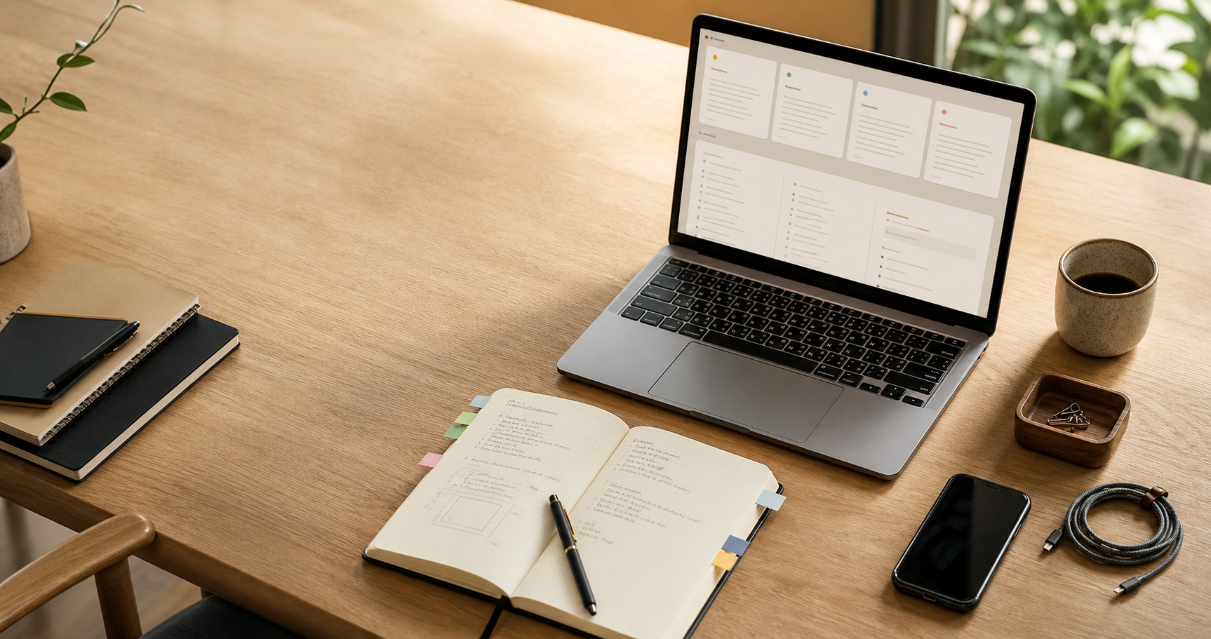 A tidy digital worktable with a laptop and project materials.